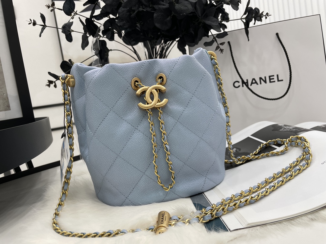 2022 New Style Chanel Bucket Bag Lambskin Imitation Pearls and Gold-Tone Metal Blue AS2859 Copy