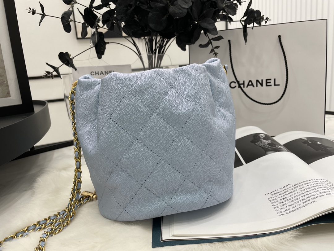 2022 New Style Chanel Bucket Bag Lambskin Imitation Pearls and Gold-Tone Metal Blue AS2859 Copy