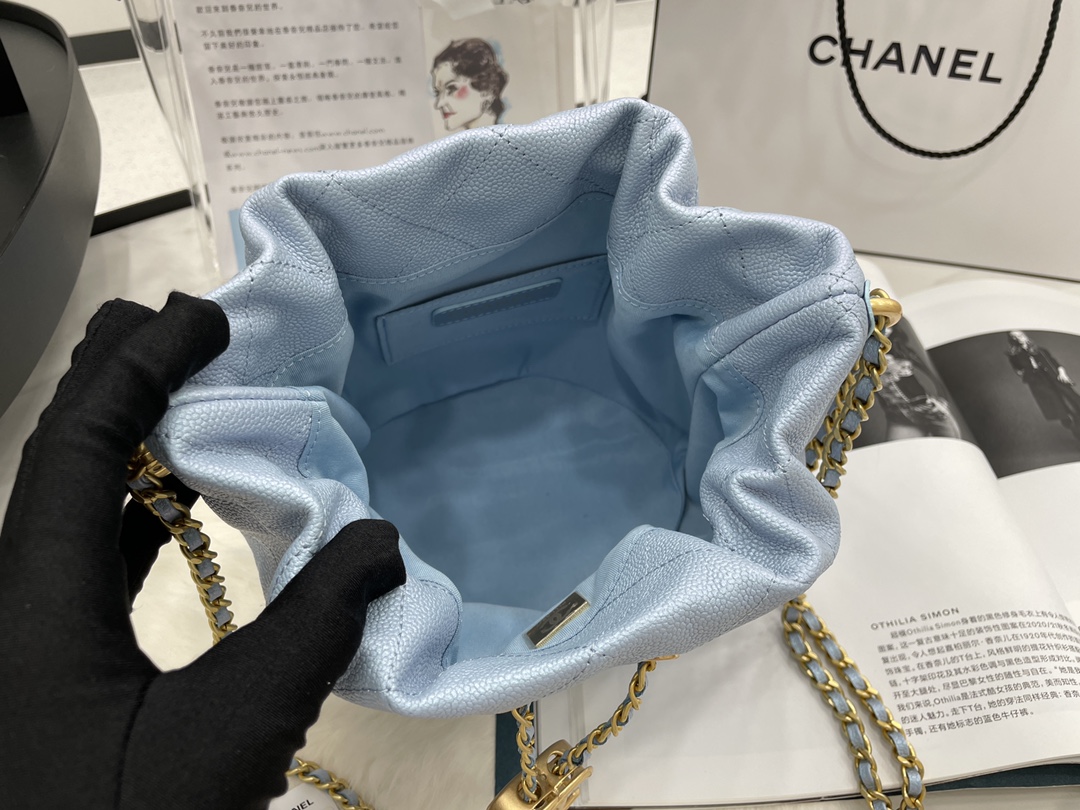 2022 New Style Chanel Bucket Bag Lambskin Imitation Pearls and Gold-Tone Metal Blue AS2859 Copy