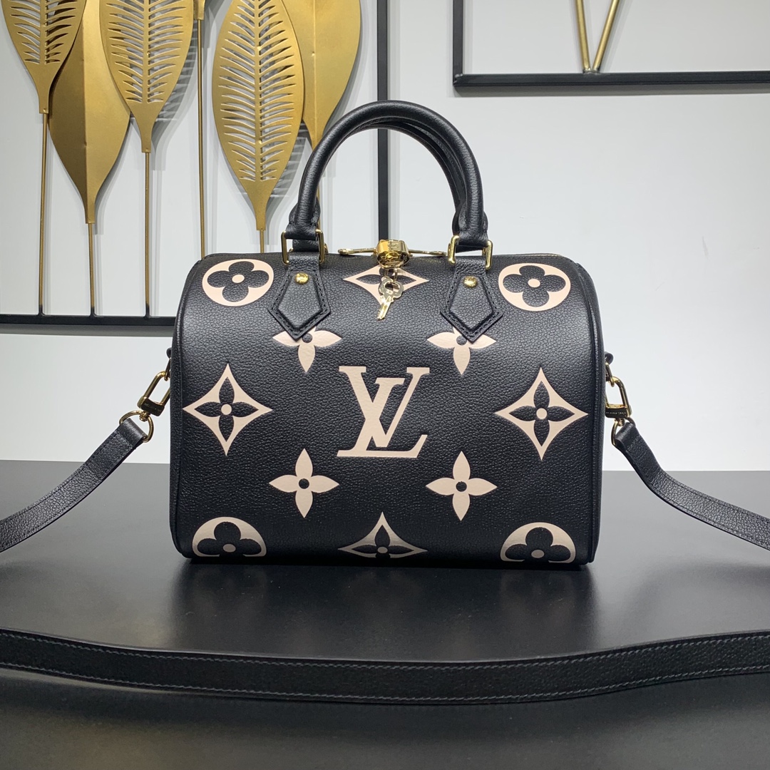 AAA Quality Louis Vuitton Speedy Bandouliere 25 Handbag Embossed Grained Cowhide Leather Black Beige M58947