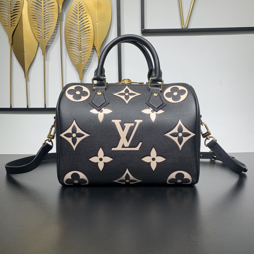 AAA Quality Louis Vuitton Speedy Bandouliere 25 Handbag Embossed Grained Cowhide Leather Black Beige M58947