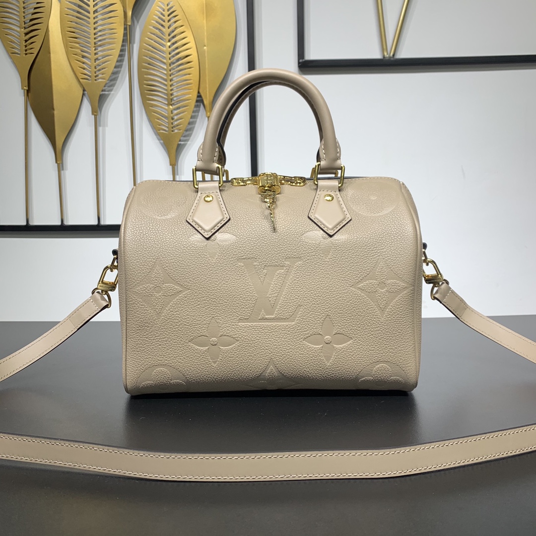 AAA Quality Louis Vuitton Speedy Bandouliere 25 Handbag Embossed Grained Cowhide Leather Tourterelle M58273