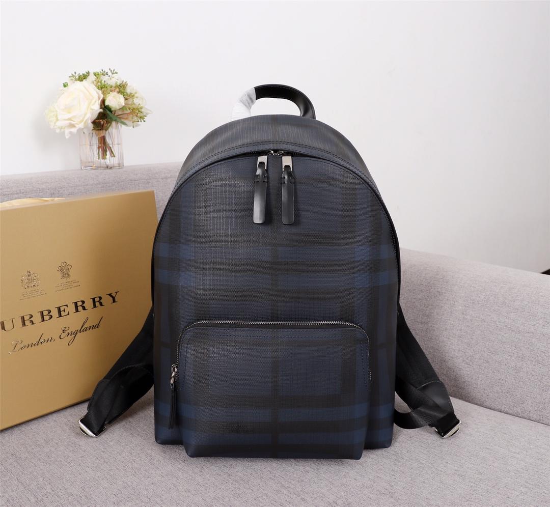 AAA Replica Burberry 40315661 Men Leather Trim London Check Backpack Navy Black