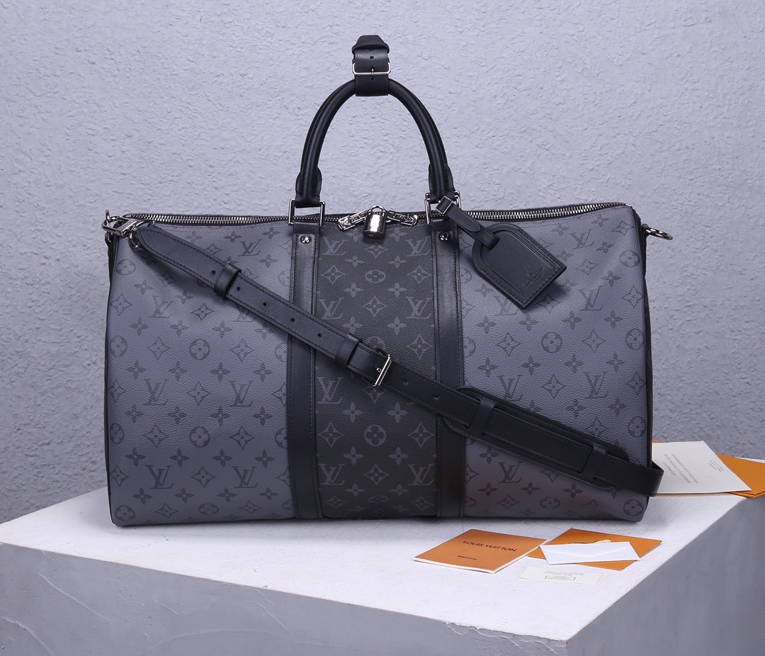 AAA Replica Louis Vuitton M45392 Mens Keepall Bandouliere 50 Alternates Blocks of Dark Monogram Eclipse Canvas