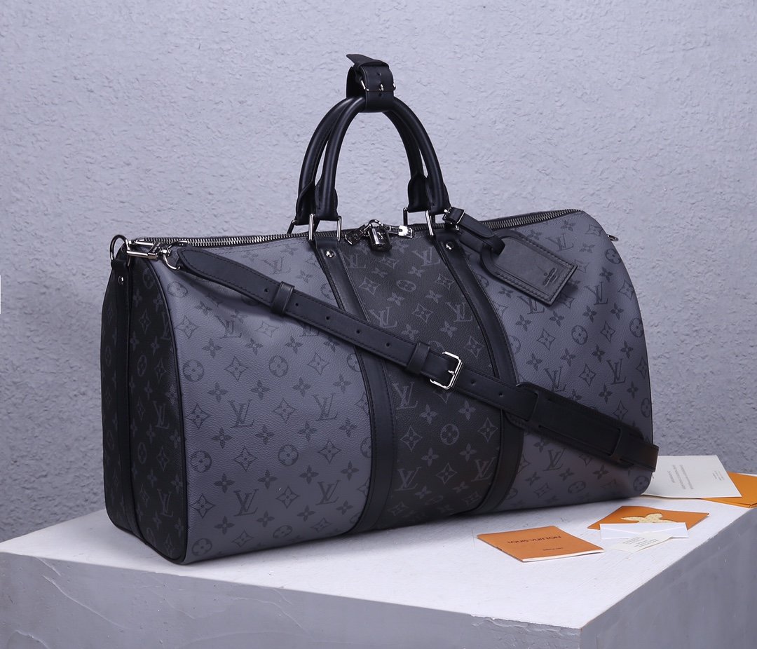 AAA Replica Louis Vuitton M45392 Mens Keepall Bandouliere 50 Alternates Blocks of Dark Monogram Eclipse Canvas