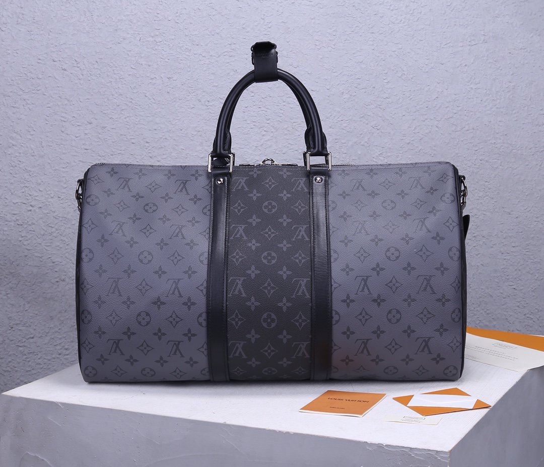 AAA Replica Louis Vuitton M45392 Mens Keepall Bandouliere 50 Alternates Blocks of Dark Monogram Eclipse Canvas