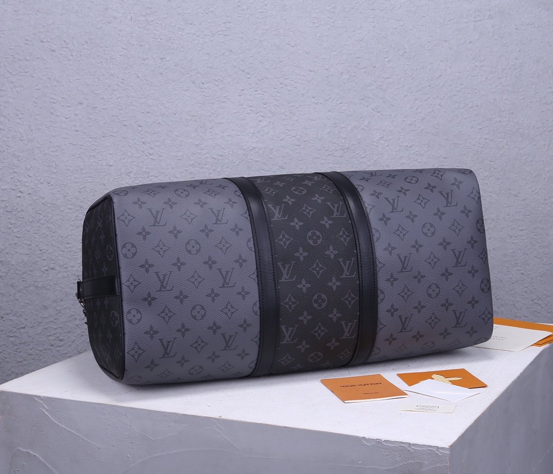 AAA Replica Louis Vuitton M45392 Mens Keepall Bandouliere 50 Alternates Blocks of Dark Monogram Eclipse Canvas