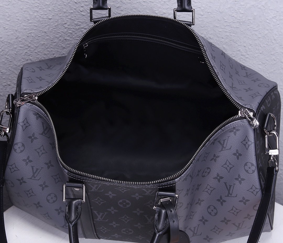 AAA Replica Louis Vuitton M45392 Mens Keepall Bandouliere 50 Alternates Blocks of Dark Monogram Eclipse Canvas