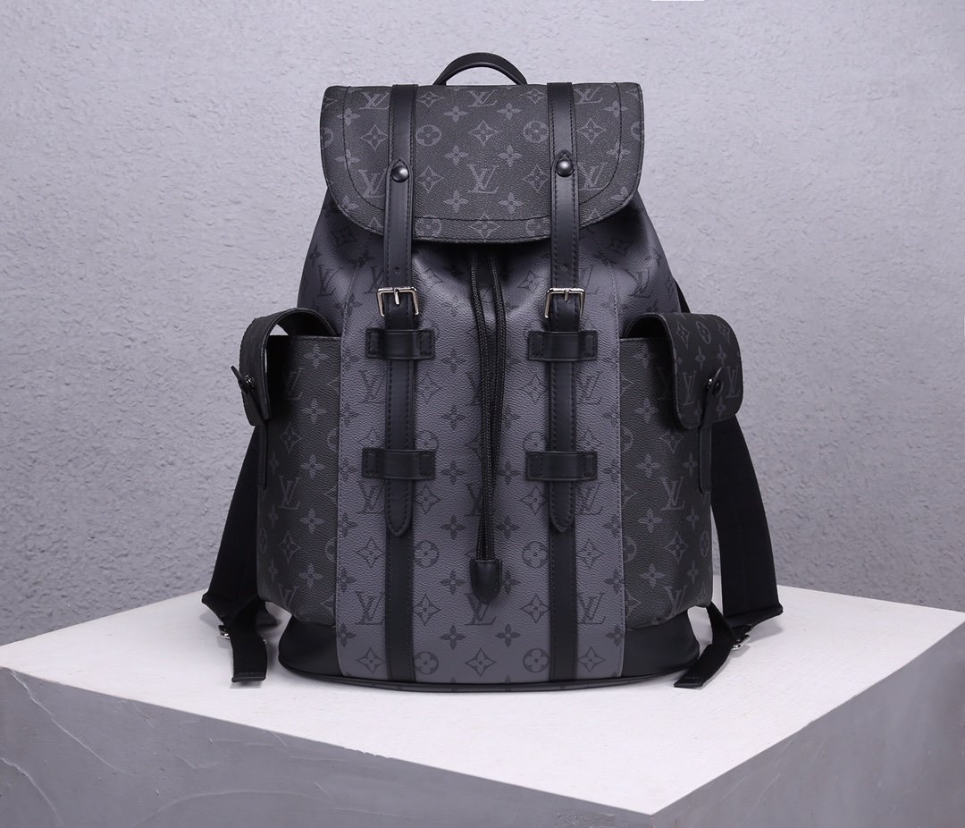 AAA Replica Louis Vuitton M45419 Mens Christopher PM Backpack Monogram Eclipse Canvas and Monogram Eclipse Reverse Canvas with Black Leather