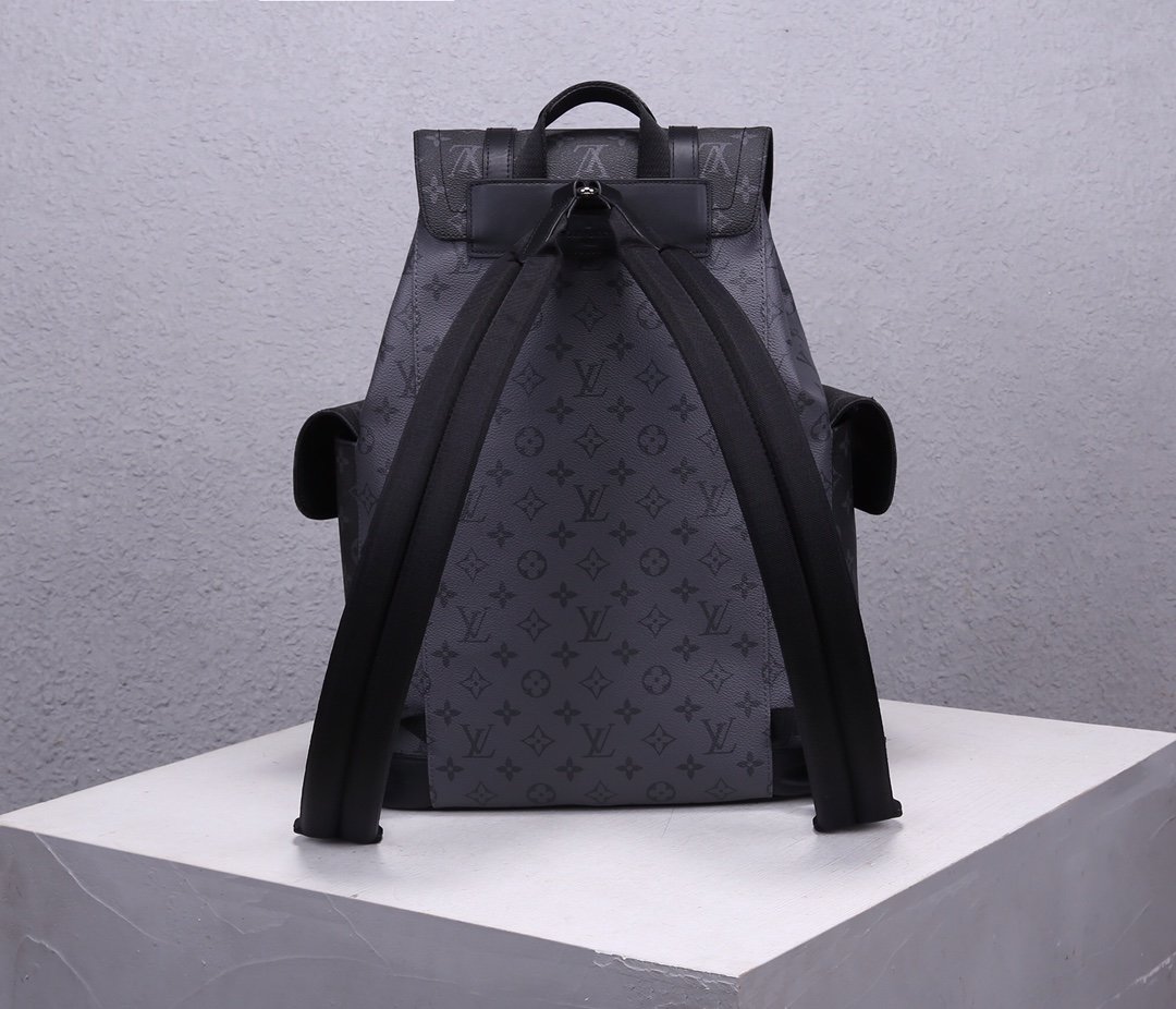 AAA Replica Louis Vuitton M45419 Mens Christopher PM Backpack Monogram Eclipse Canvas and Monogram Eclipse Reverse Canvas with Black Leather