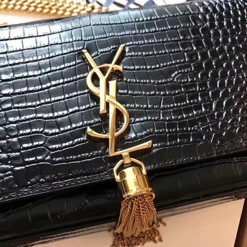 AAA Replica Yves Saint Laurent Kate Medium With Tassel In Embossed Crocodile Shiny Black Leather Gold Metal