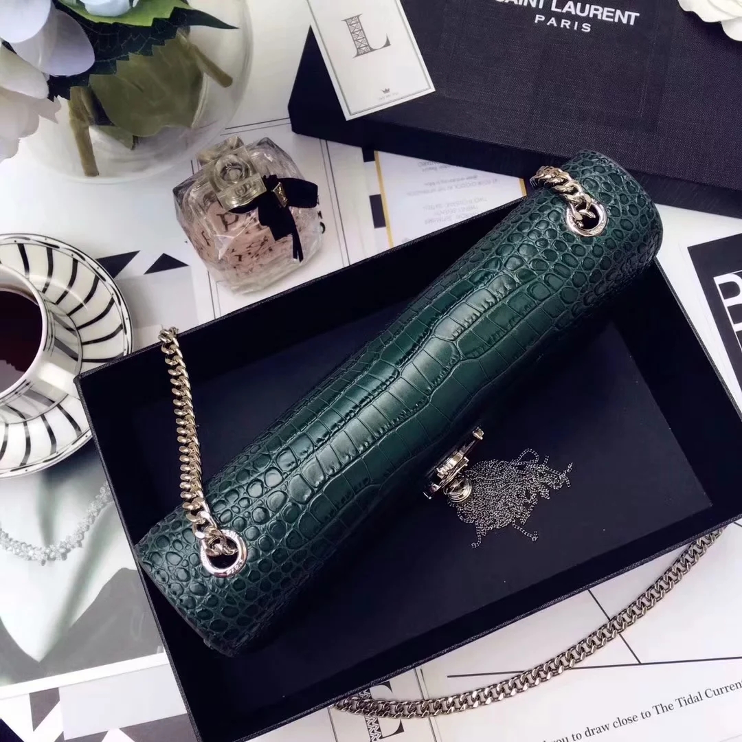 AAA Replica Yves Saint Laurent Kate Medium With Tassel In Embossed Crocodile Shiny Green Leather Silver Metal