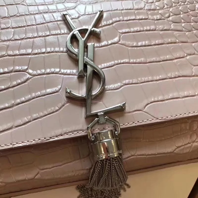 AAA Replica Yves Saint Laurent Kate Medium With Tassel In Embossed Crocodile Shiny Pink Leather Silver Metal