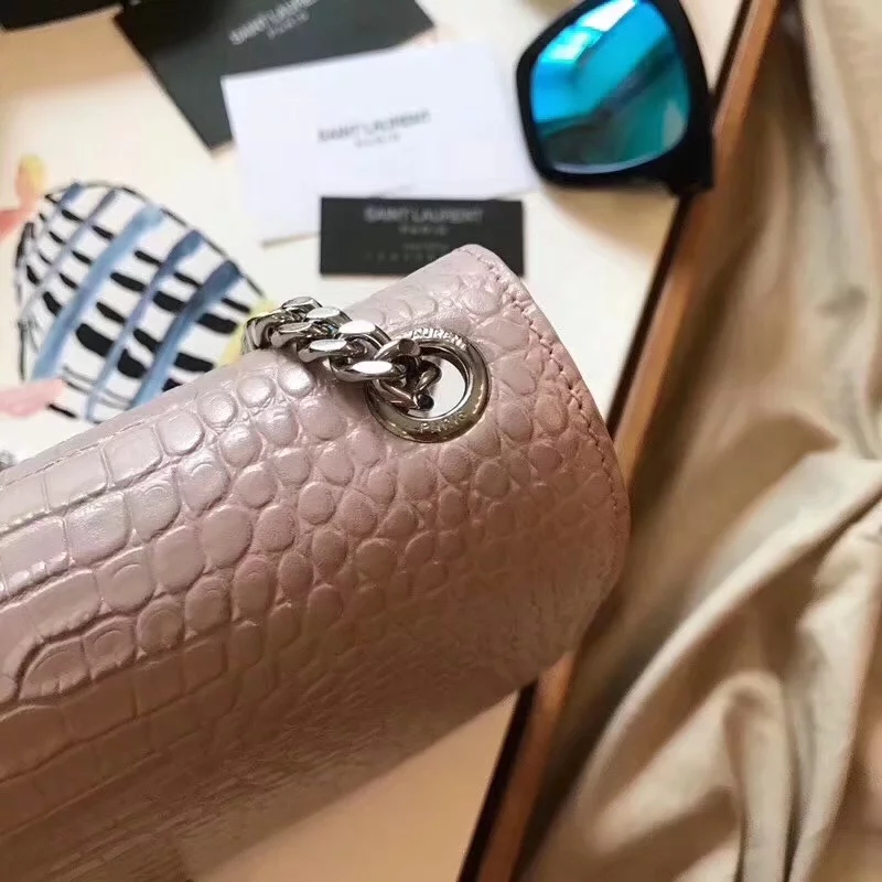 AAA Replica Yves Saint Laurent Kate Medium With Tassel In Embossed Crocodile Shiny Pink Leather Silver Metal
