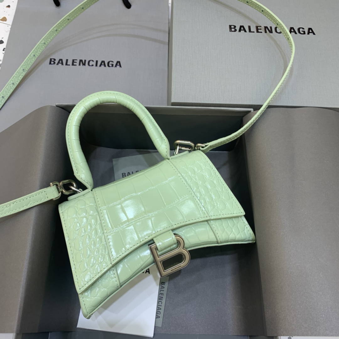 Balenciaga Hourglass 19cm Chain Bag in Back Shiny Crocodile Embossed Leather Light Green