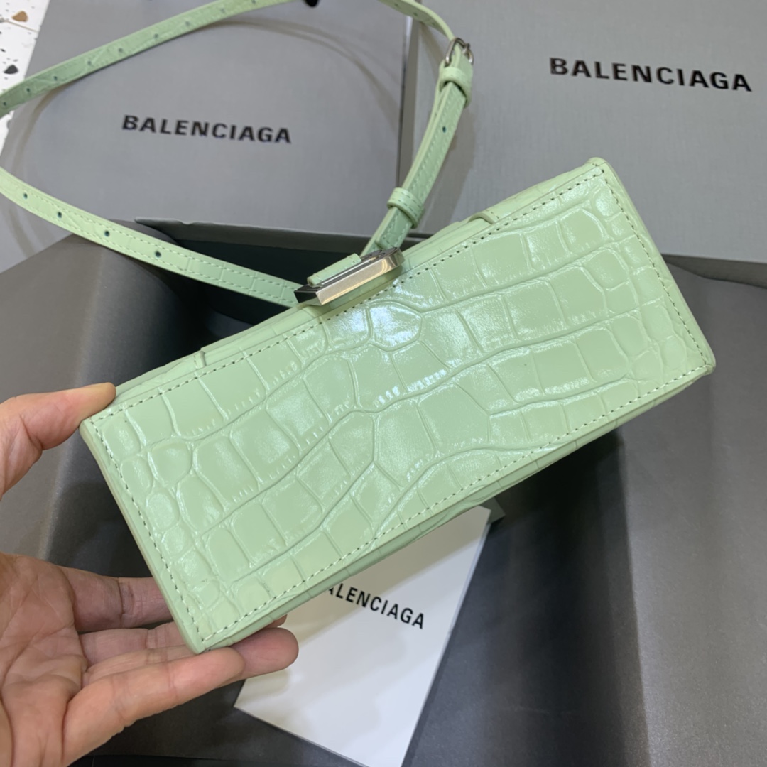 Balenciaga Hourglass 19cm Chain Bag in Back Shiny Crocodile Embossed Leather Light Green