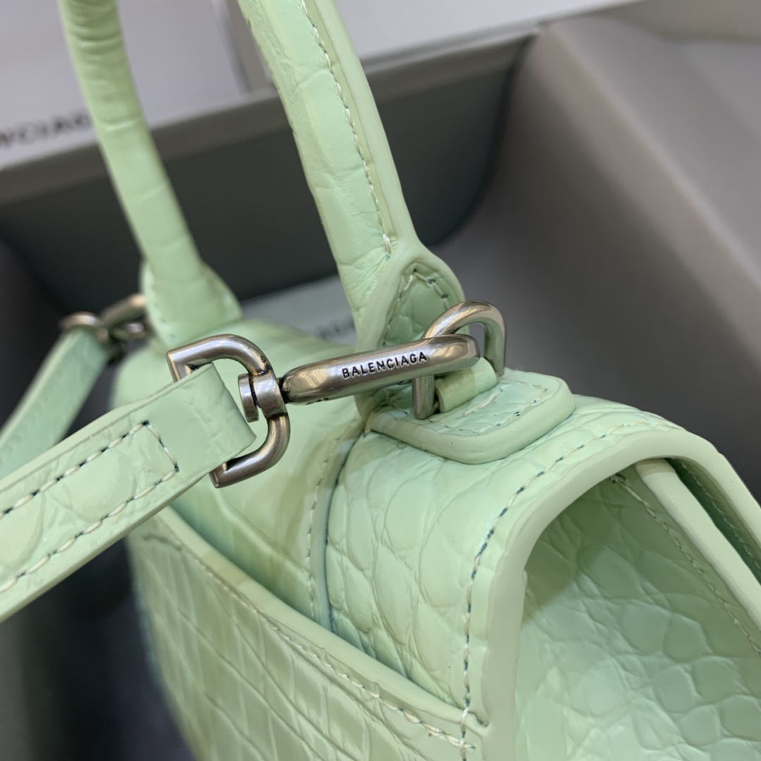 Balenciaga Hourglass 19cm Chain Bag in Back Shiny Crocodile Embossed Leather Light Green