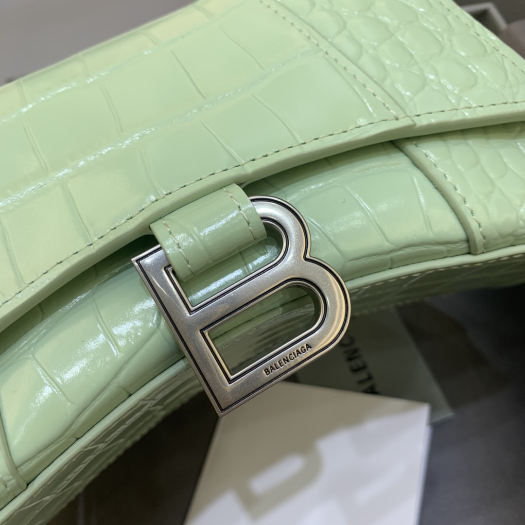 Balenciaga Hourglass 19cm Chain Bag in Back Shiny Crocodile Embossed Leather Light Green