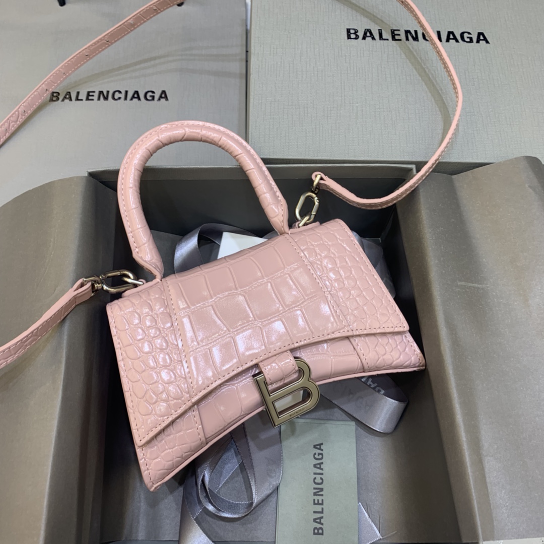 Balenciaga Hourglass 19cm Chain Bag in Back Shiny Crocodile Embossed Leather Pink