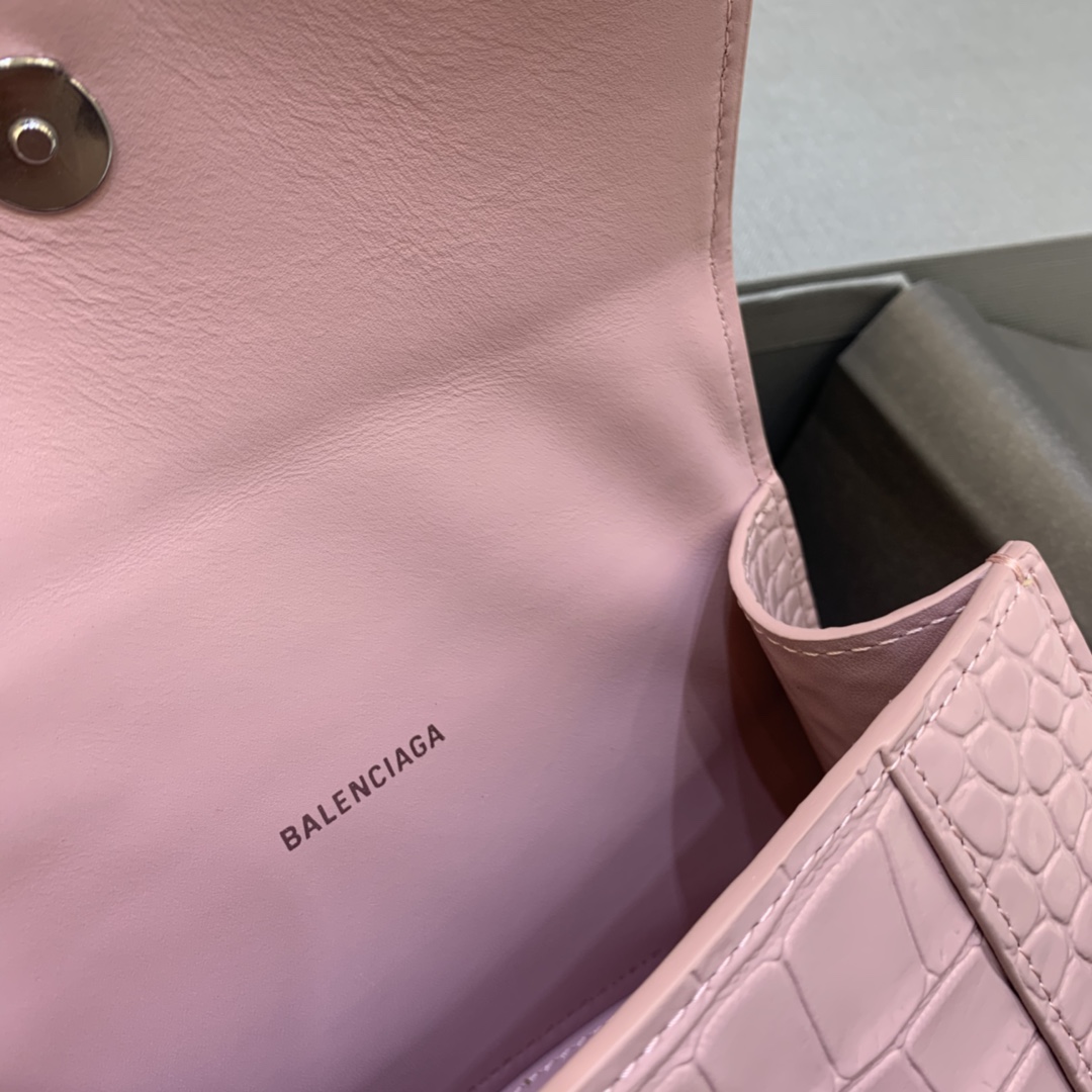 Balenciaga Hourglass 19cm Chain Bag in Back Shiny Crocodile Embossed Leather Pink