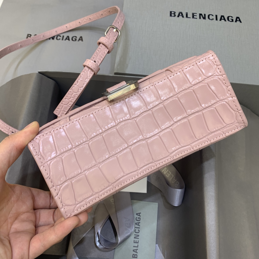 Balenciaga Hourglass 19cm Chain Bag in Back Shiny Crocodile Embossed Leather Pink