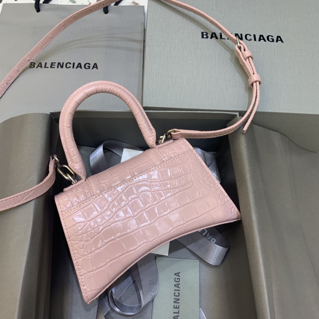 Balenciaga Hourglass 19cm Chain Bag in Back Shiny Crocodile Embossed Leather Pink