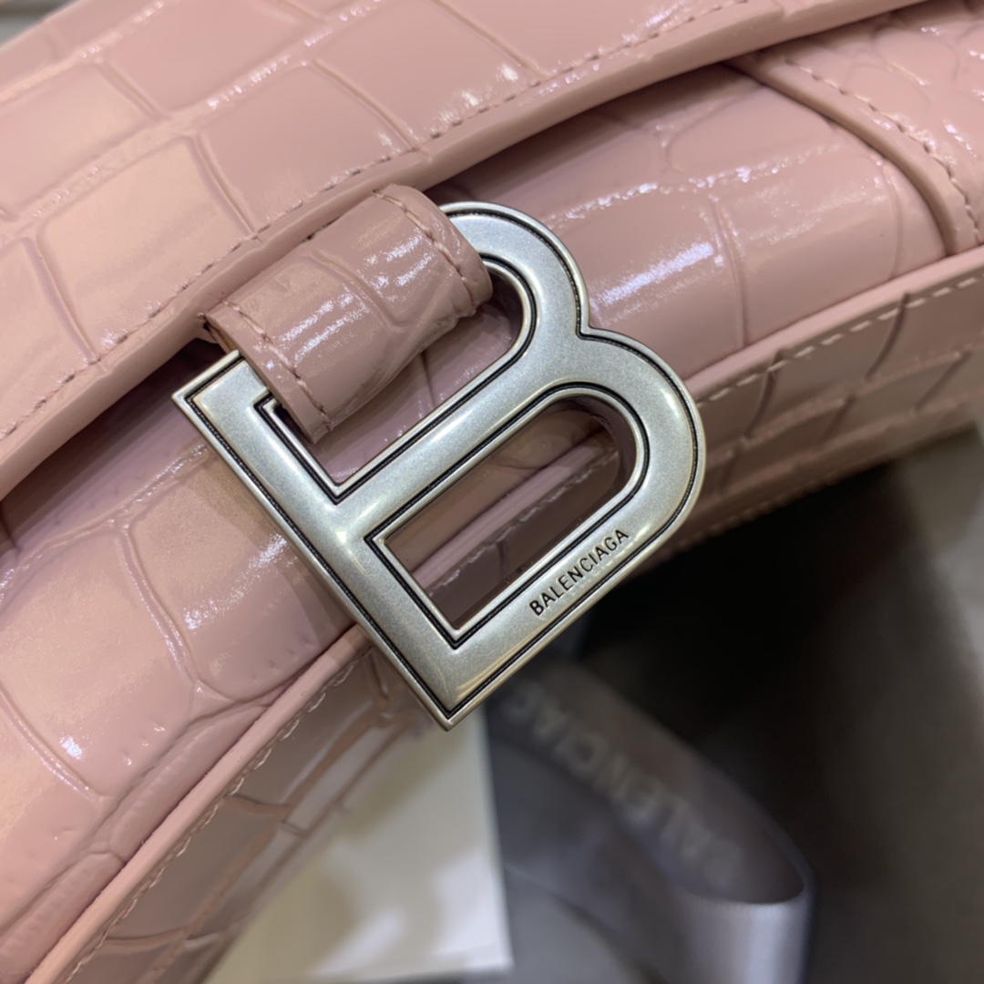 Balenciaga Hourglass 19cm Chain Bag in Back Shiny Crocodile Embossed Leather Pink