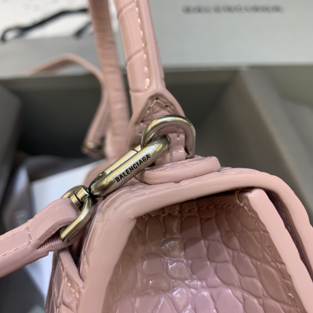 Balenciaga Hourglass 19cm Chain Bag in Back Shiny Crocodile Embossed Leather Pink