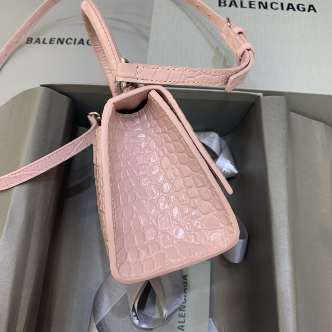 Balenciaga Hourglass 19cm Chain Bag in Back Shiny Crocodile Embossed Leather Pink