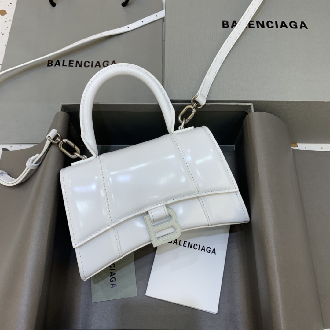 Balenciaga Hourglass 19cm Chain Bag in Shiny Box Calfskin White with White LOGO