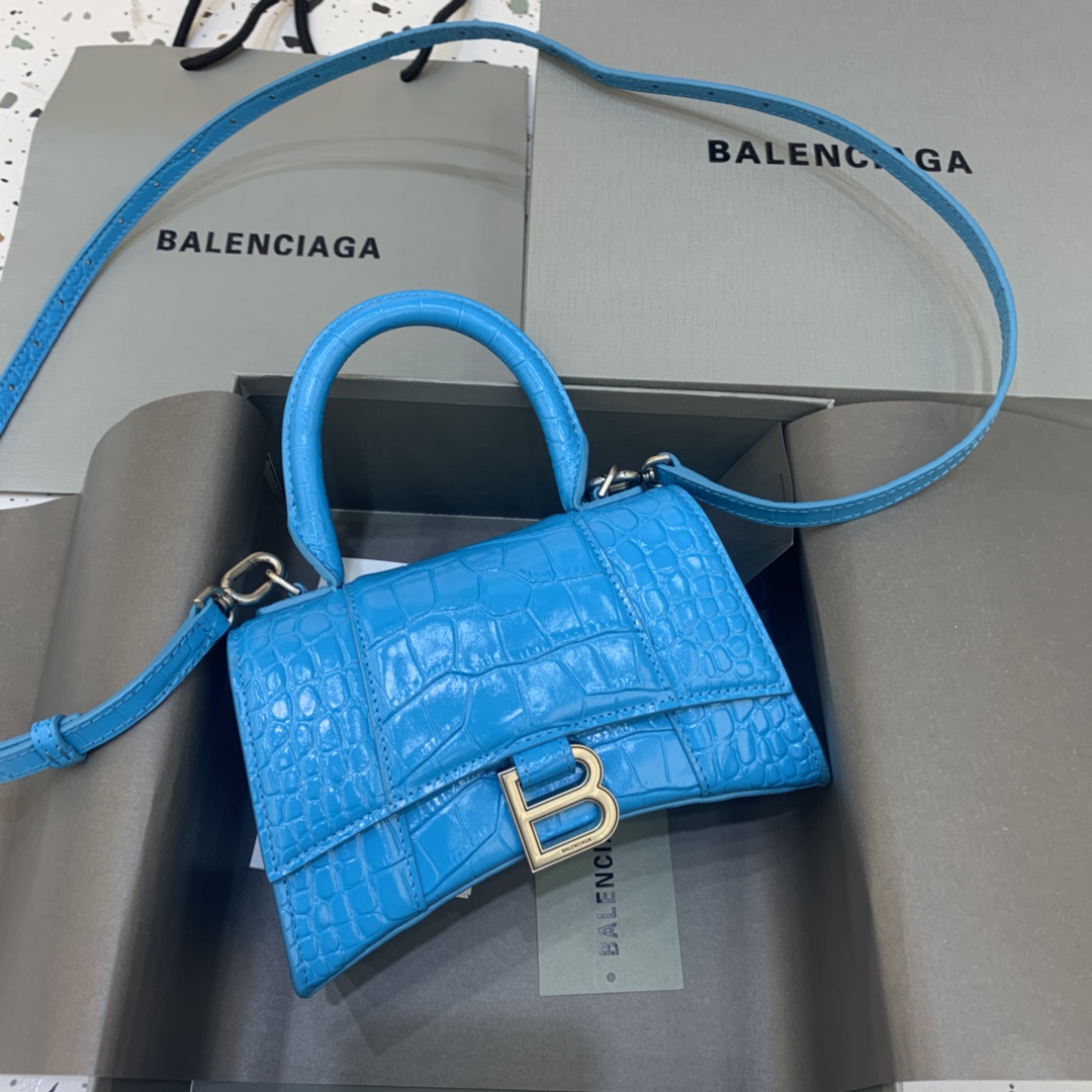 Balenciaga Hourglass 19cm Chain Bag in Shiny Crocodile Embossed Leather Blue