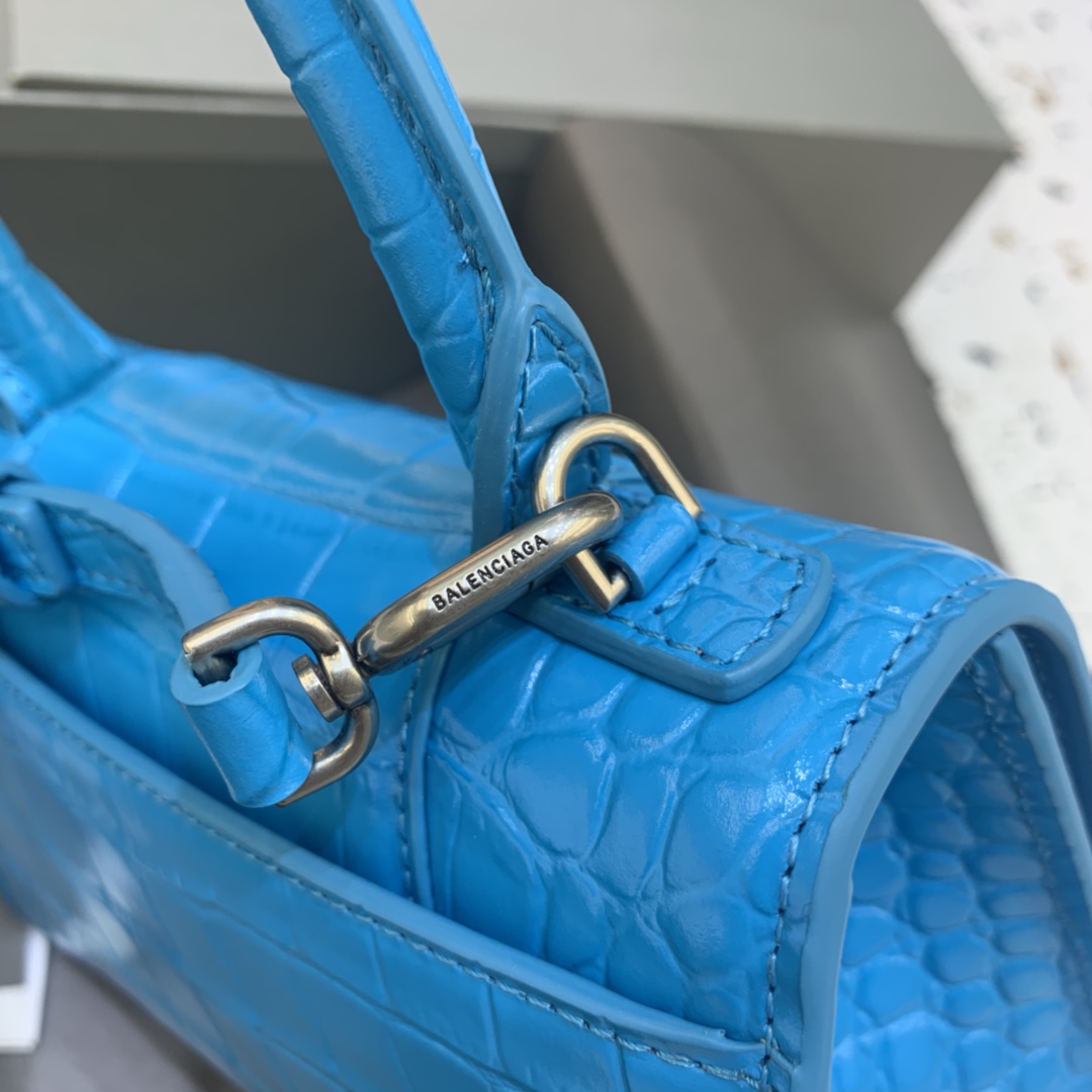 Balenciaga Hourglass 19cm Chain Bag in Shiny Crocodile Embossed Leather Blue