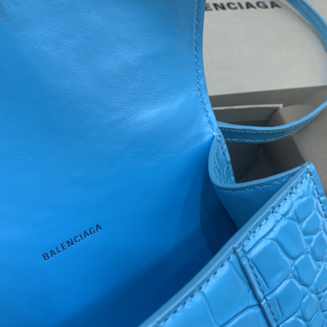 Balenciaga Hourglass 19cm Chain Bag in Shiny Crocodile Embossed Leather Blue