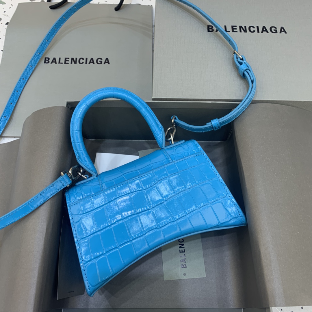 Balenciaga Hourglass 19cm Chain Bag in Shiny Crocodile Embossed Leather Blue