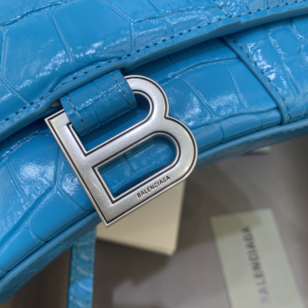 Balenciaga Hourglass 19cm Chain Bag in Shiny Crocodile Embossed Leather Blue