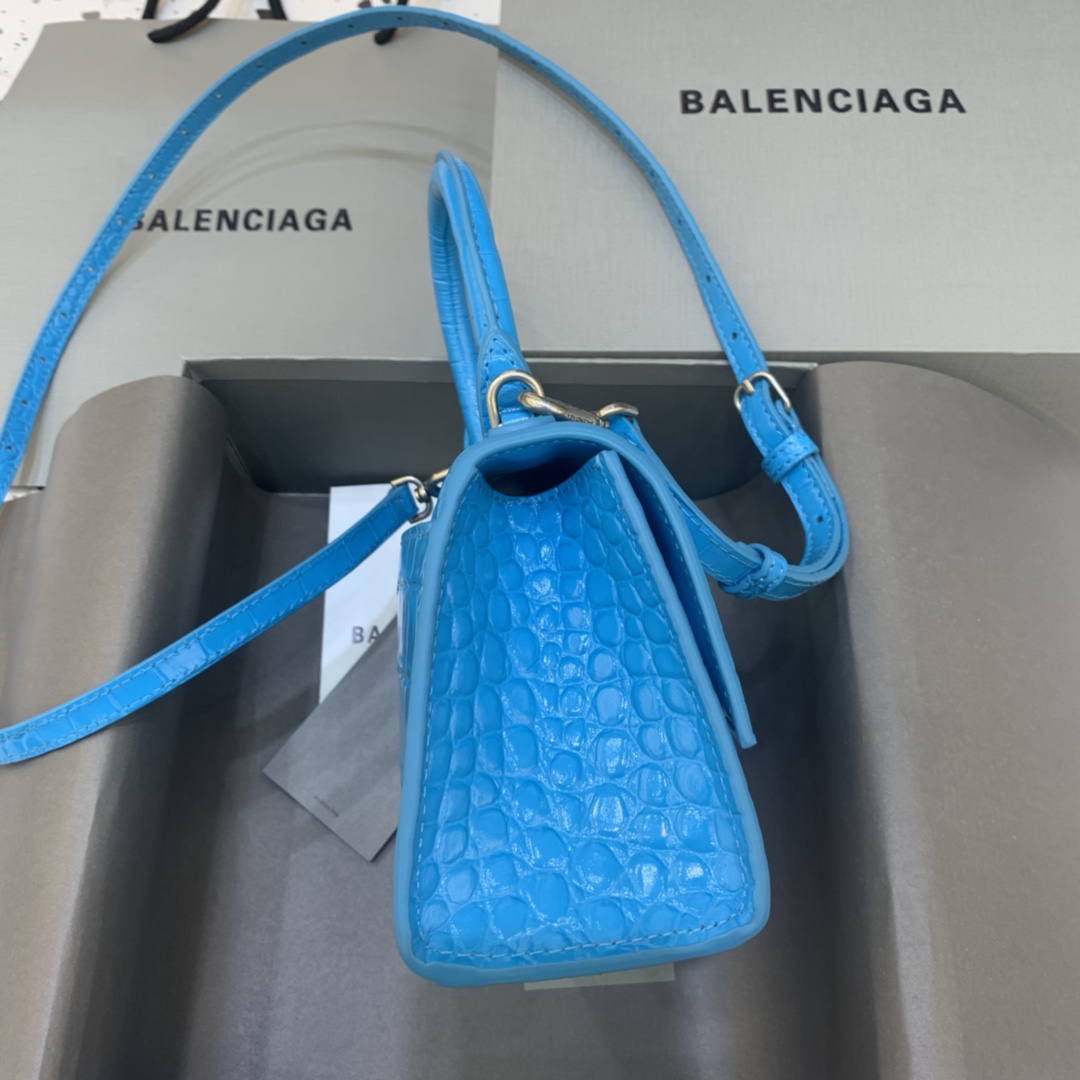 Balenciaga Hourglass 19cm Chain Bag in Shiny Crocodile Embossed Leather Blue