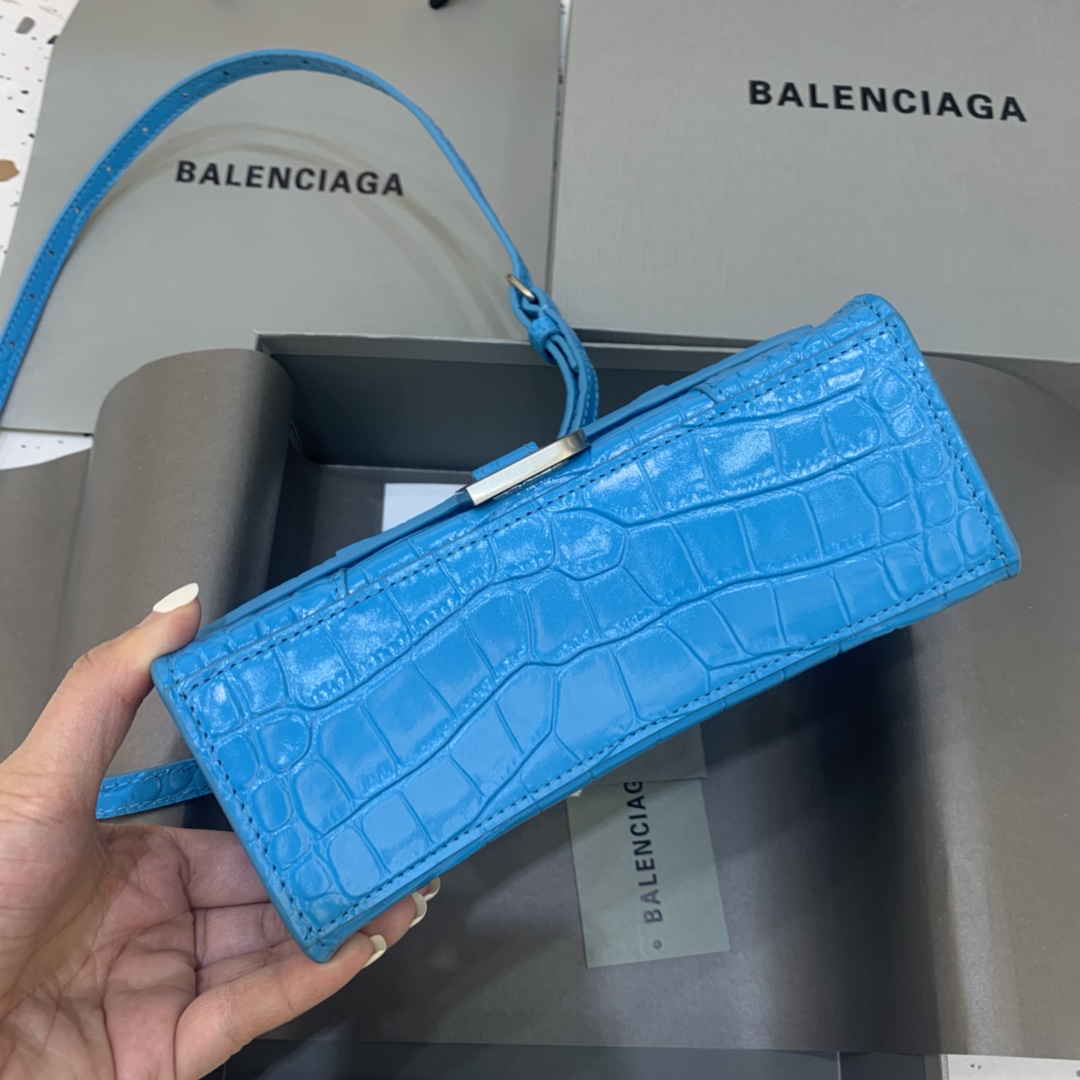 Balenciaga Hourglass 19cm Chain Bag in Shiny Crocodile Embossed Leather Blue