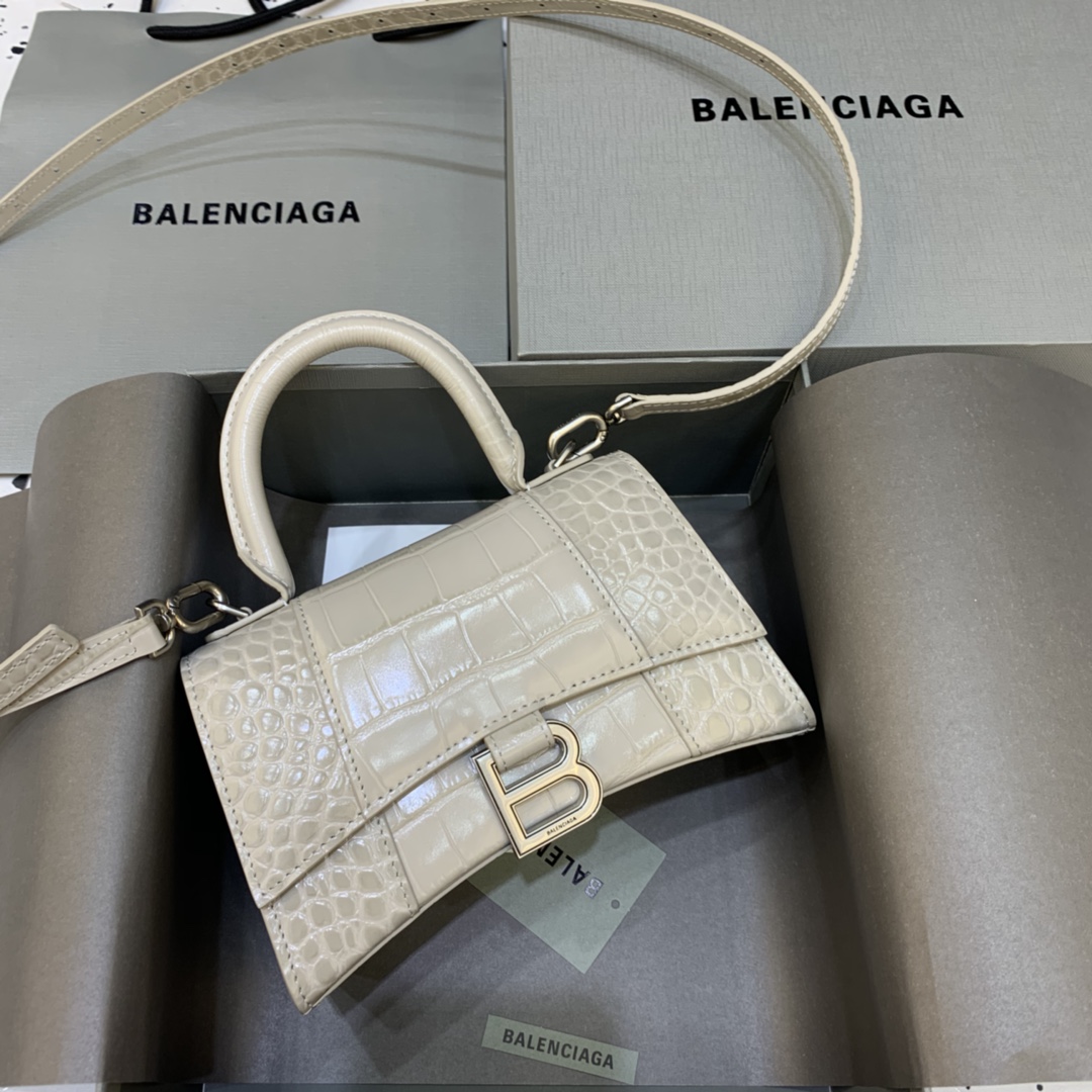 Balenciaga Hourglass 19cm Chain Bag in Shiny Crocodile Embossed Leather Gray