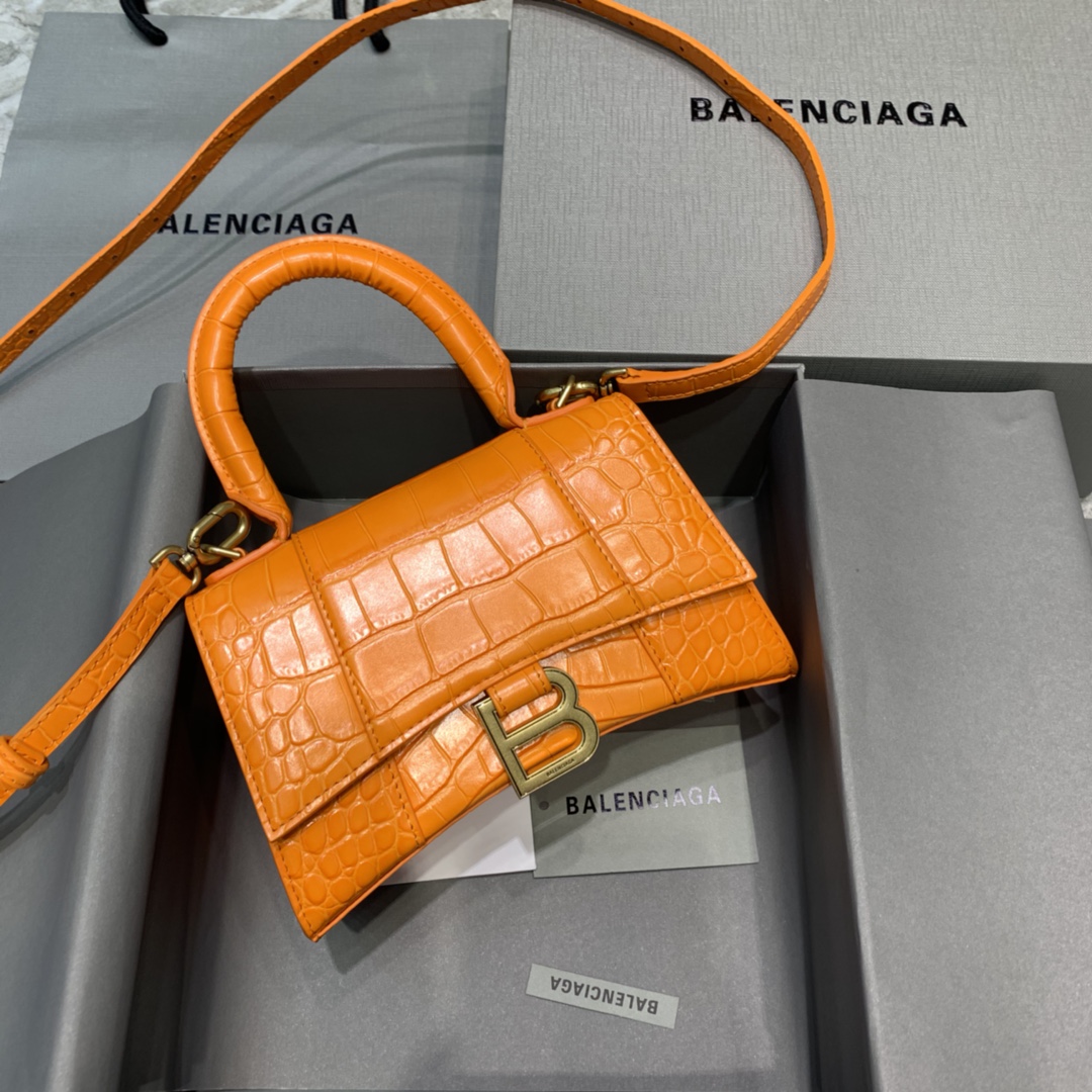 Balenciaga Hourglass 19cm Chain Bag in Shiny Crocodile Embossed Leather Orange With Gold LOGO