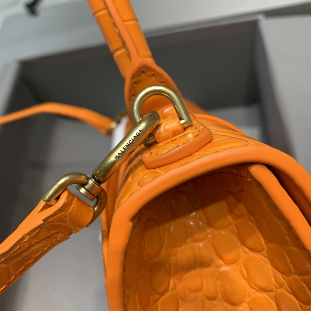 Balenciaga Hourglass 19cm Chain Bag in Shiny Crocodile Embossed Leather Orange With Gold LOGO