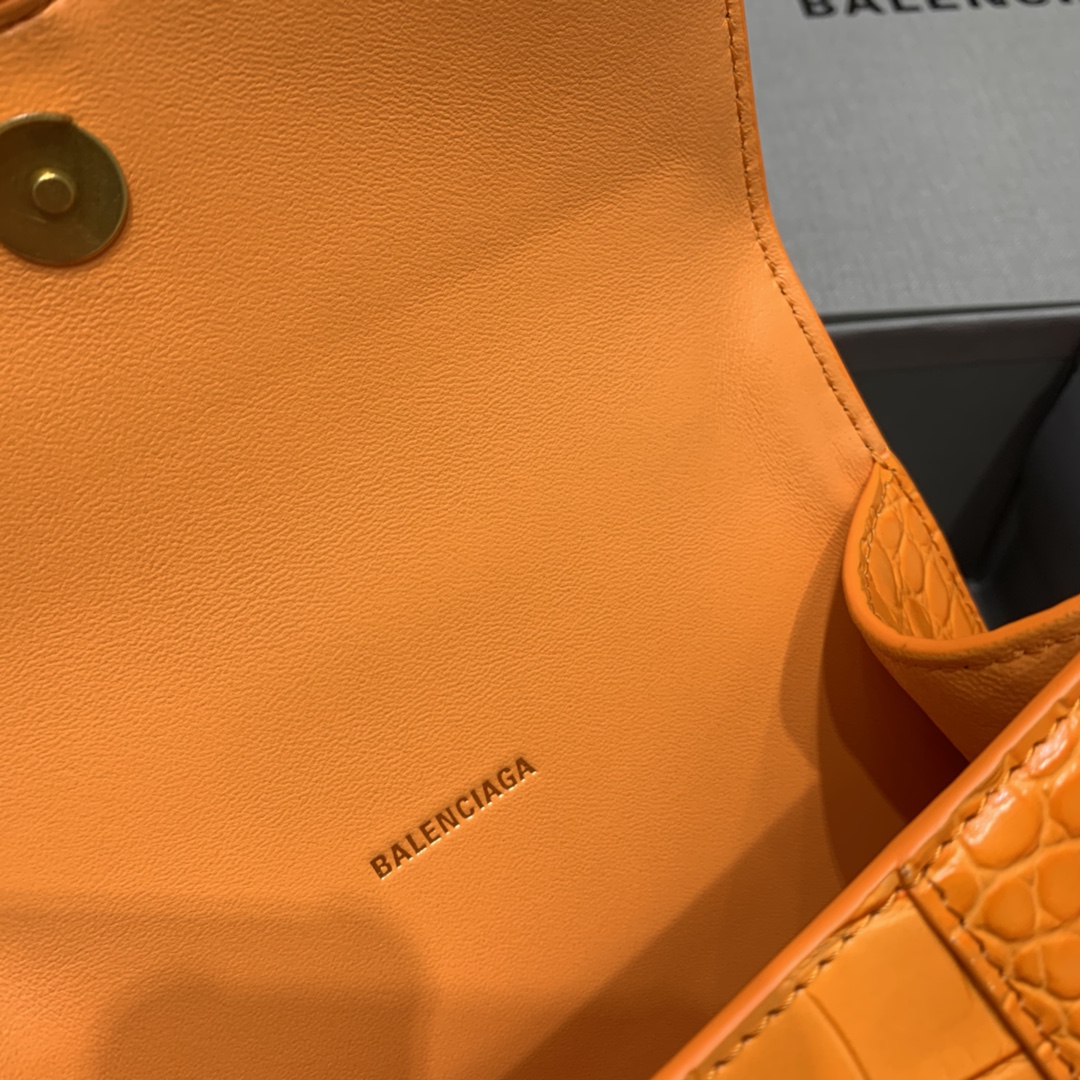 Balenciaga Hourglass 19cm Chain Bag in Shiny Crocodile Embossed Leather Orange With Gold LOGO