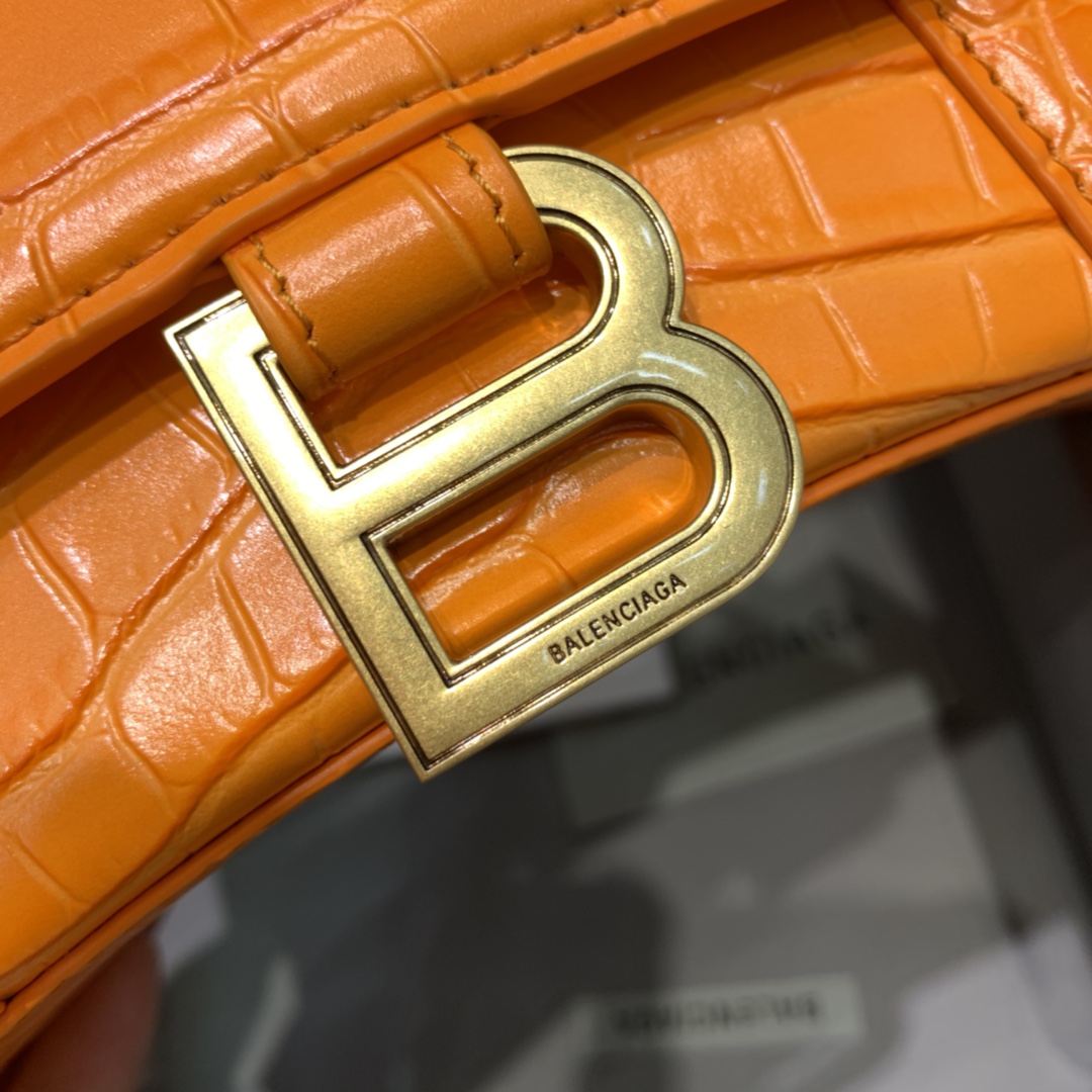 Balenciaga Hourglass 19cm Chain Bag in Shiny Crocodile Embossed Leather Orange With Gold LOGO
