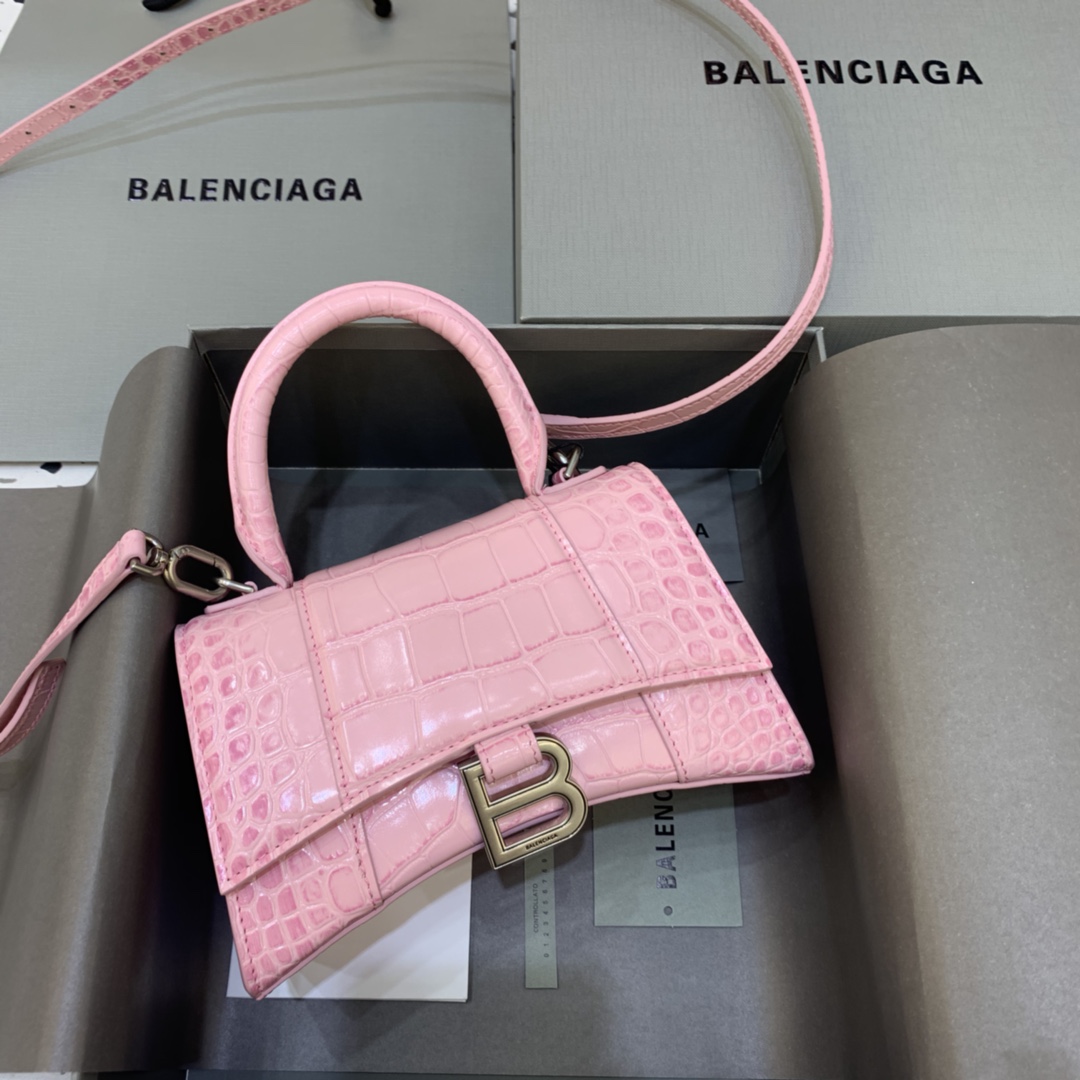 Balenciaga Hourglass 19cm Chain Bag in Shiny Crocodile Embossed Leather Peach