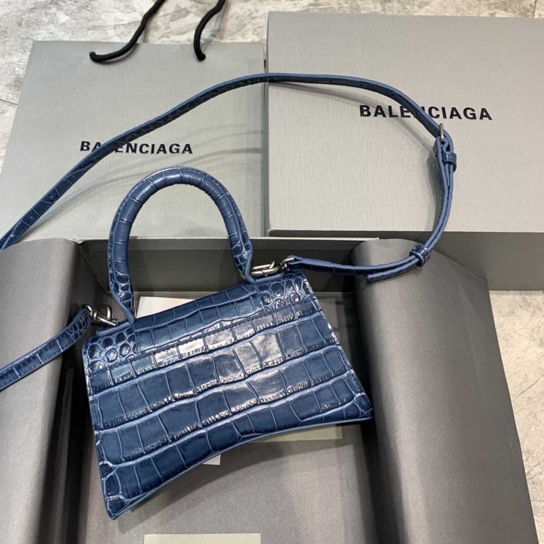 Balenciaga Hourglass 19cm Chain Bag in Shiny Crocodile Embossed Leather Royal Blue