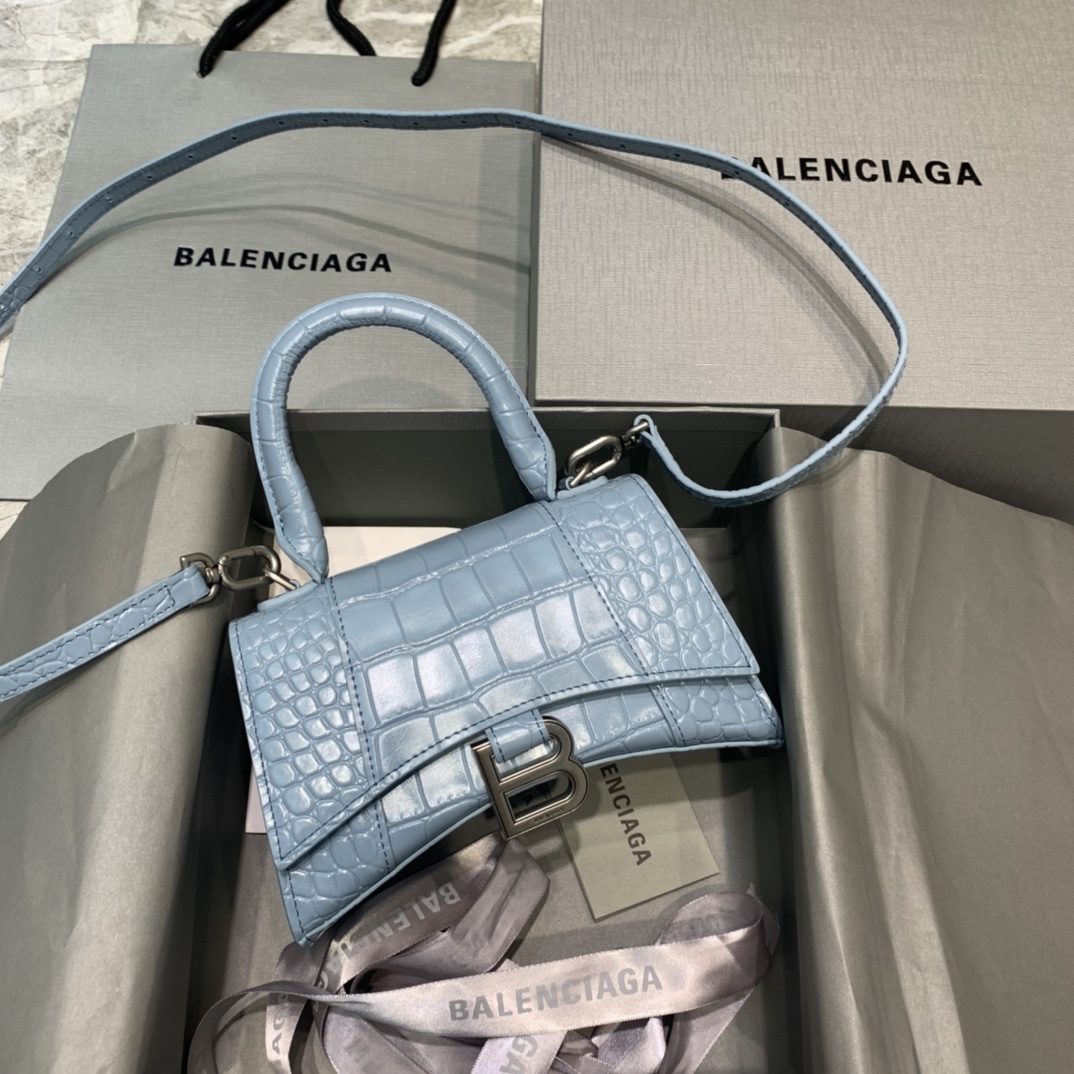 Balenciaga Hourglass 19cm Chain Bag in Shiny Crocodile Embossed Leather Sky Blue