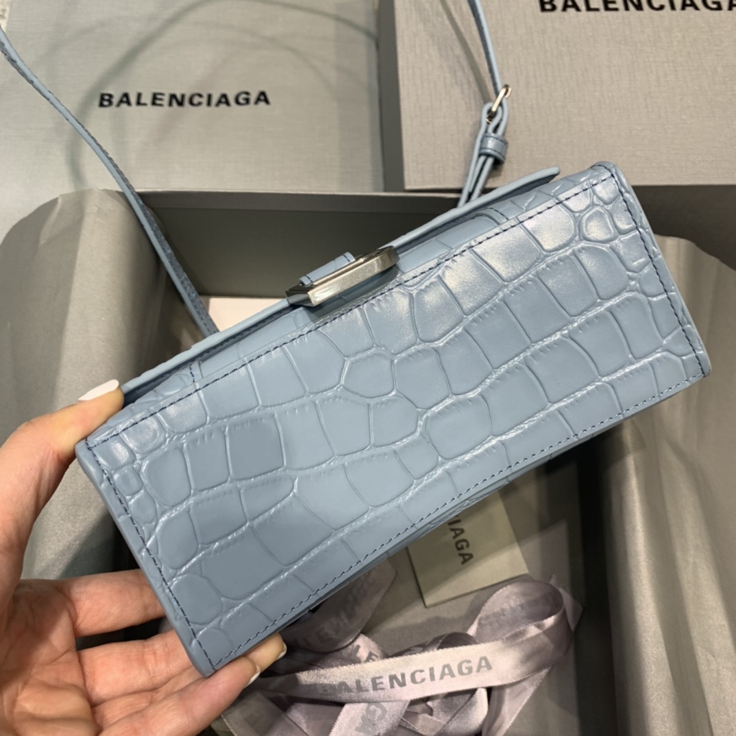 Balenciaga Hourglass 19cm Chain Bag in Shiny Crocodile Embossed Leather Sky Blue