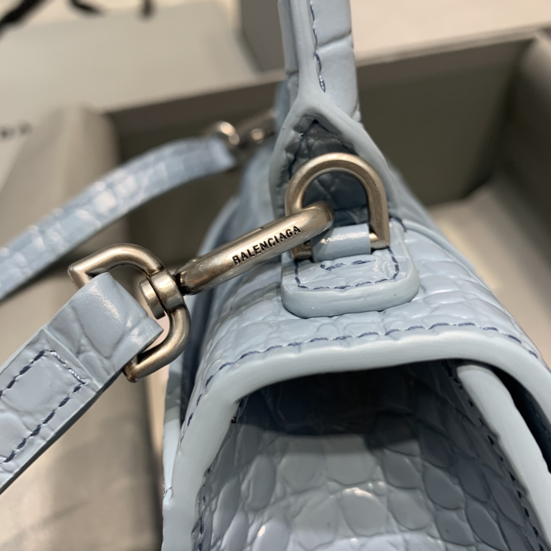 Balenciaga Hourglass 19cm Chain Bag in Shiny Crocodile Embossed Leather Sky Blue