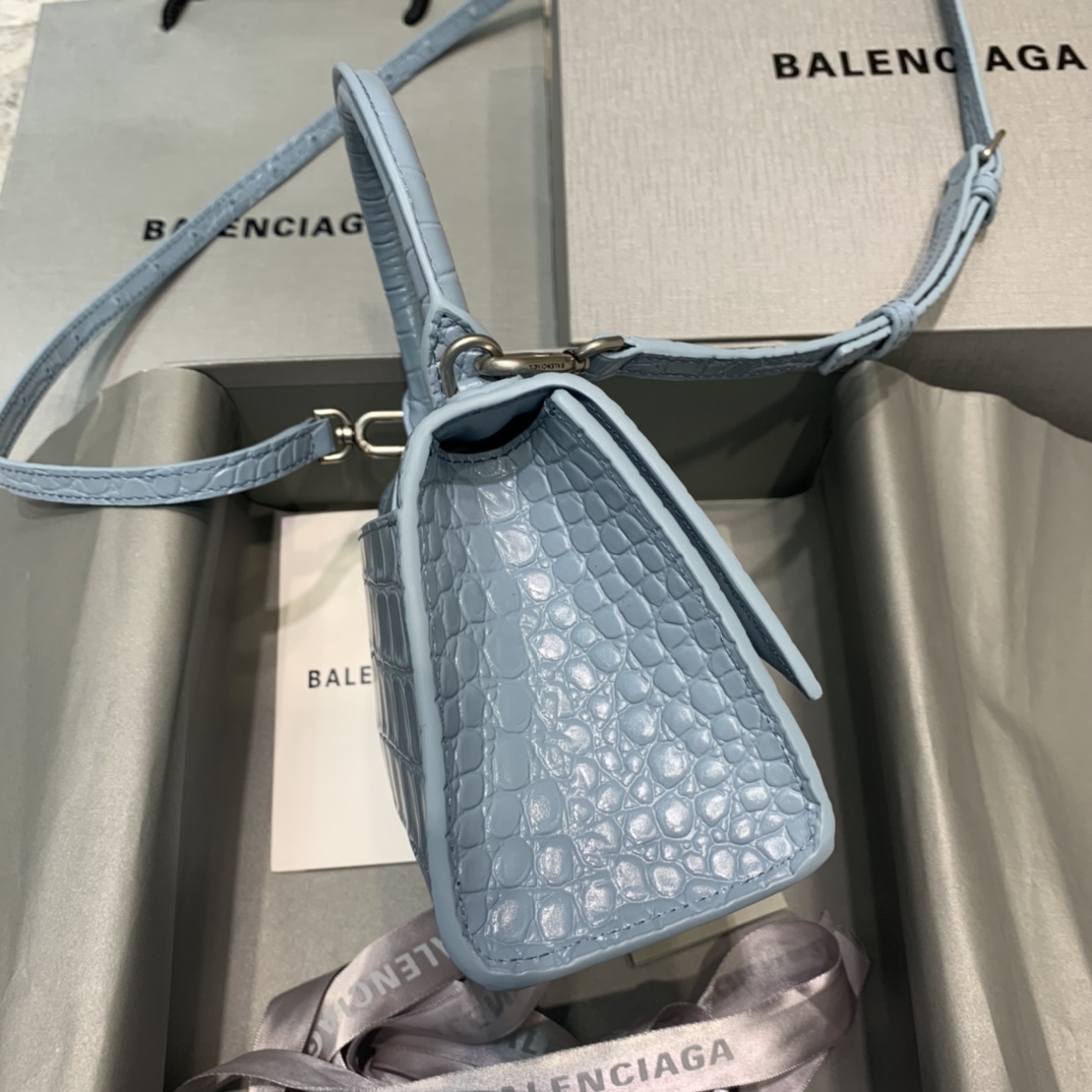 Balenciaga Hourglass 19cm Chain Bag in Shiny Crocodile Embossed Leather Sky Blue