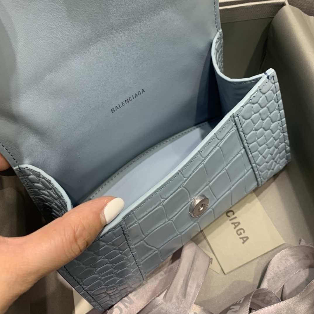 Balenciaga Hourglass 19cm Chain Bag in Shiny Crocodile Embossed Leather Sky Blue