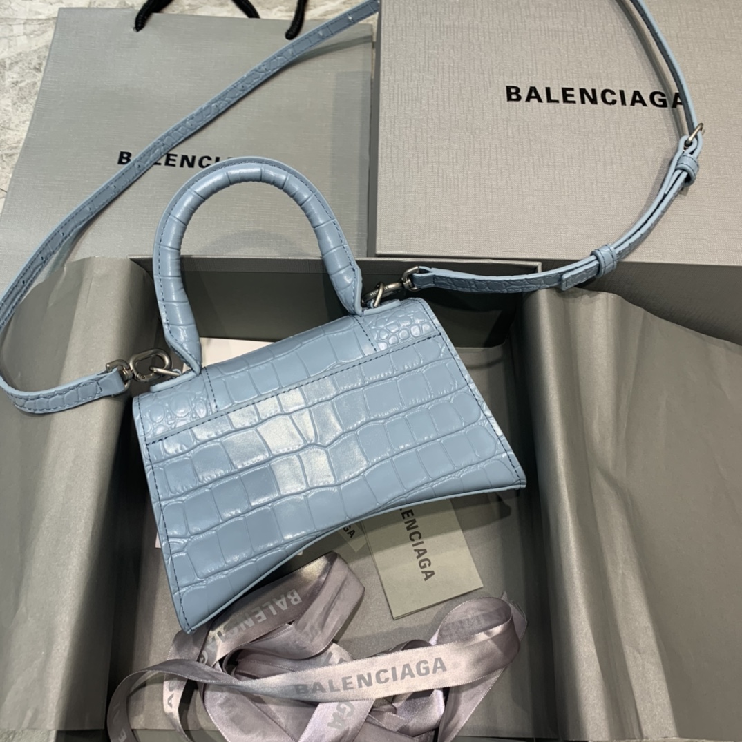 Balenciaga Hourglass 19cm Chain Bag in Shiny Crocodile Embossed Leather Sky Blue